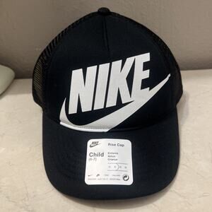 Kids Nike Hat. Big Swoosh Snapback Mesh Back Trucker. Black White. Child 4-7